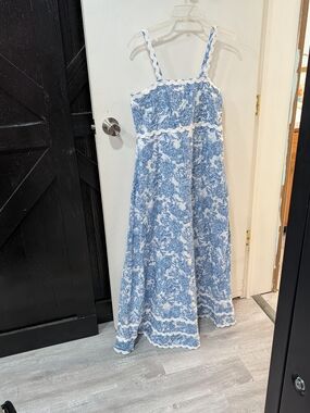 Simply Southern Blue and White Toile Maxi Dress with Rickrack Trim